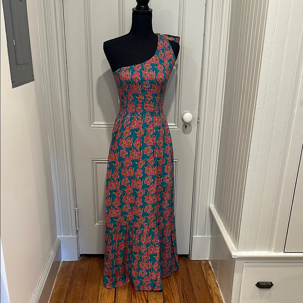 Tiare Hawaii Green and Pink One Shoulder Dress